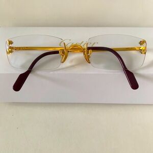 Cartier C Decor 22 K 135 Gold Plated and Burgundy Rectangle Rimless Eyewear